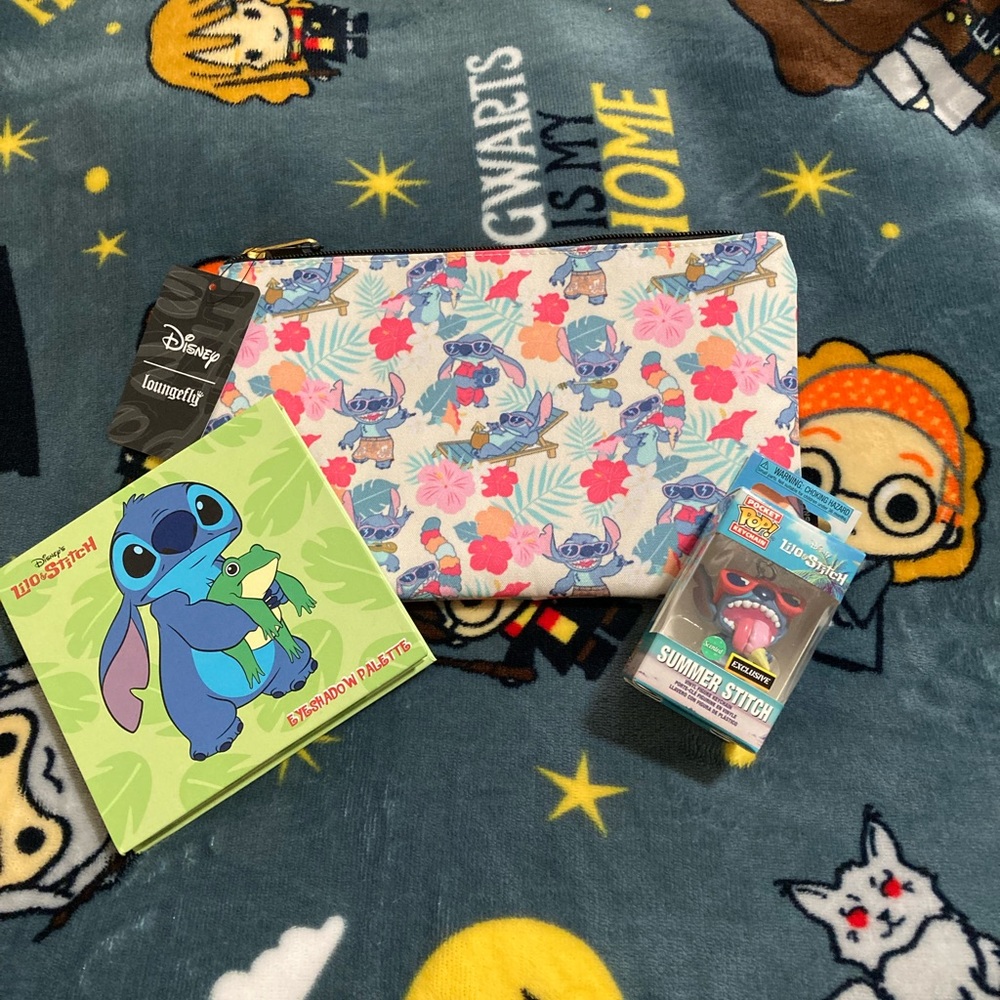 LILO & Stitch Lounge Fly Makeup Bag, Eye Shadow Palette, & Funko Pop Key Chain